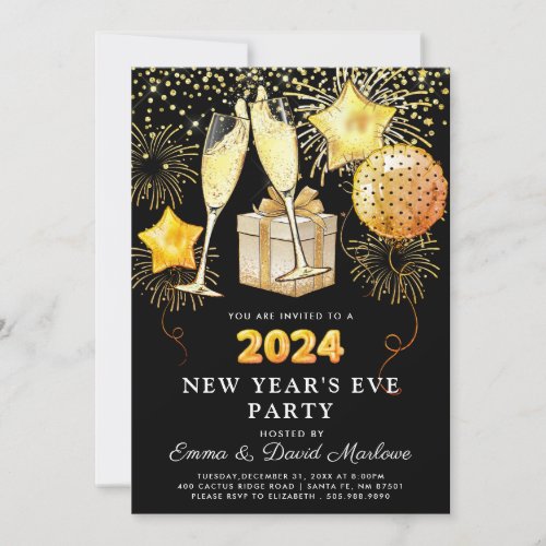New Years Eve Party Gold Glitter On Black  Invitation