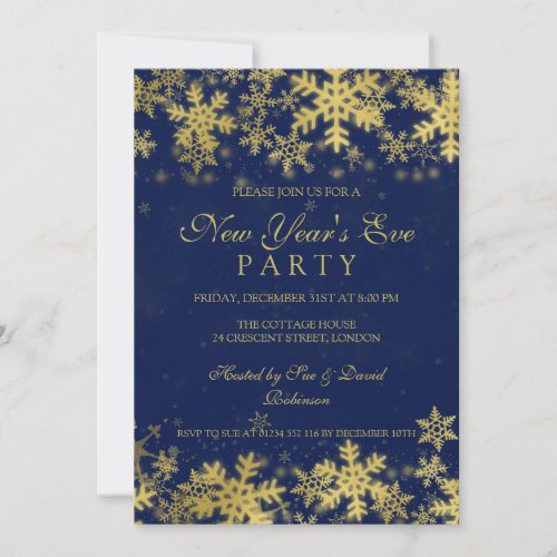 New Years Eve Party Gold  Navy Blue  Snowflakes Invitation