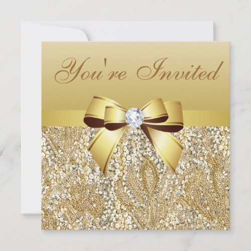 New Years Eve Party Gold Sequins  Bow Invitation