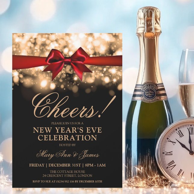 New Years Eve Party Gold Sparkle Lights Red Bow Invitation (New Years Eve Party Gold Sparkle Lights Red Bow Invitation)