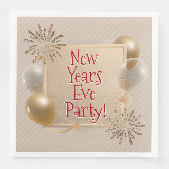 New Years Eve Party, Gold, White Balloons, Paper Dinner Napkins (Front)