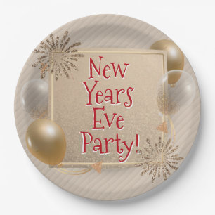 New Years Eve Party, Gold, White Balloons, Paper Plates
