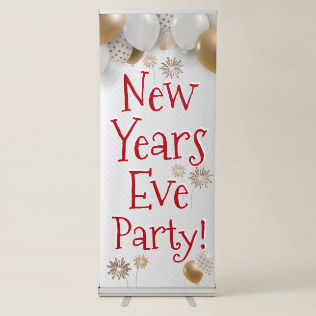 New Years Eve Party, Gold, White, Red Retractable Banner (Front)