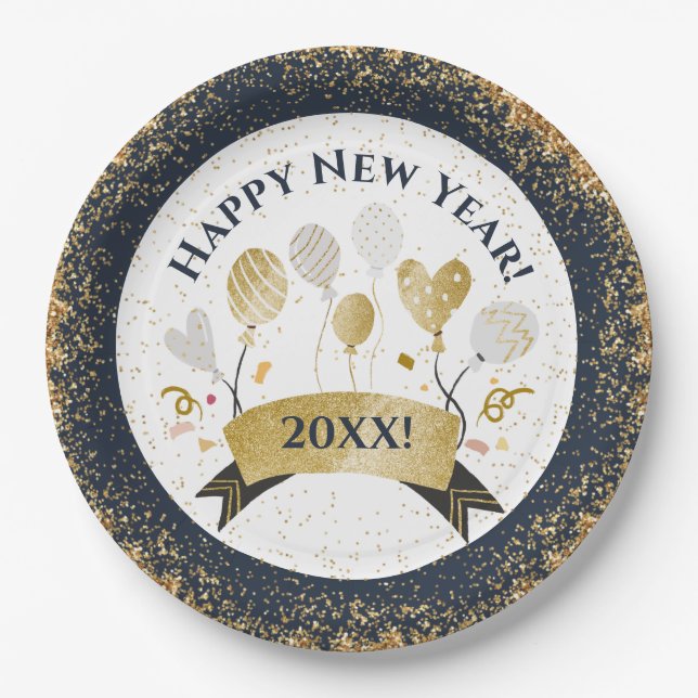 New Years Eve Party, Golden Balloons Paper Plates (Front)