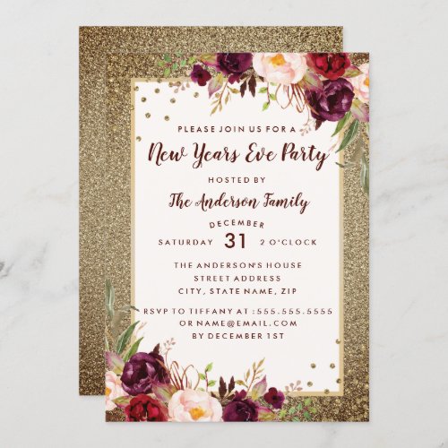 New Years Eve Party Golden Burgundy Floral Invite