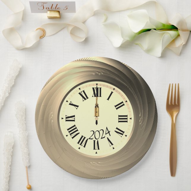 New Year's Eve Party Golden Clock Strikes Midnight Paper Plates (Wedding)