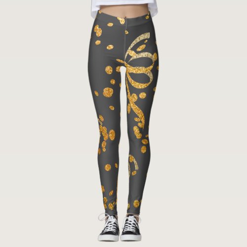 New Years Eve Party Grey Gold Glitter Confetti Leggings