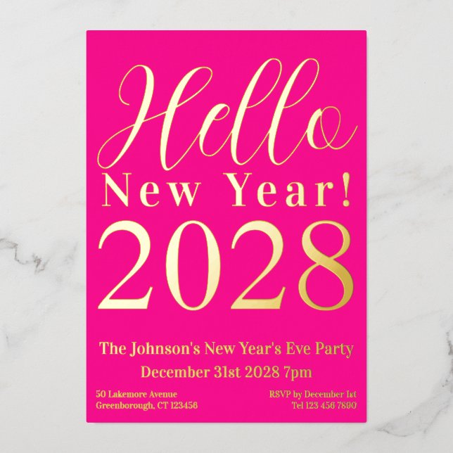 New Year's Eve Party Hot Pink Real Gold Foil Invitation (Front)