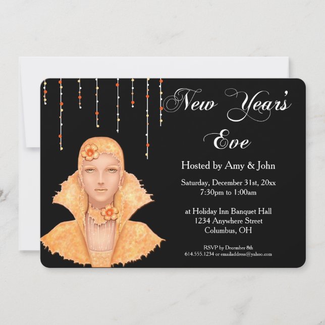 New Year's Eve Party Invitation Golden Retro Woman (Front)