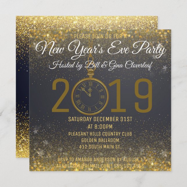 New Year's Eve Party Invitation Luxury Clock (Front/Back)