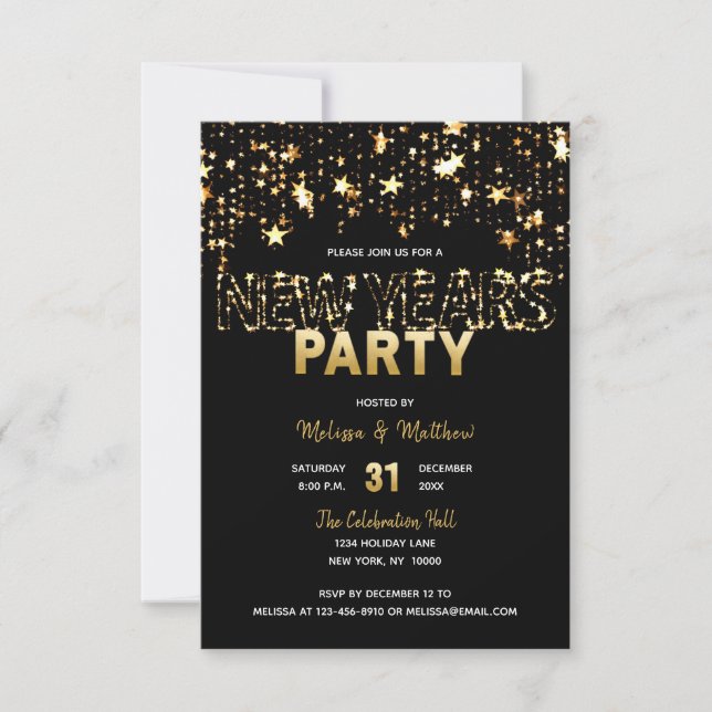 NEW YEARS EVE Party Invitations Gold Stars Lights (Front)