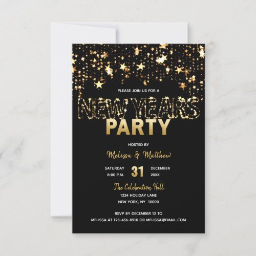 NEW YEARS EVE Party Invitations Gold Stars Lights