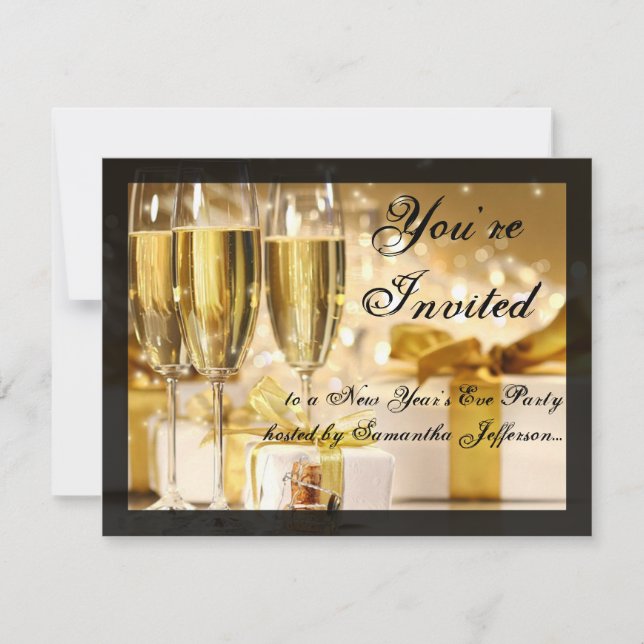 New Years Eve Party Invite Gold Champagne Glasses (Front)