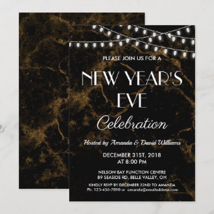 New Years Eve Party Lights Gold Black Marble Invitation
