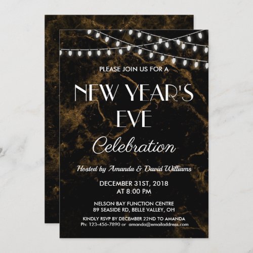 New Years Eve Party Lights Gold Black Marble Invitation