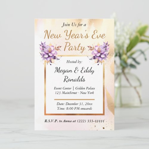 New Years Eve Party Lilac Gold Floral Watercolor Invitation