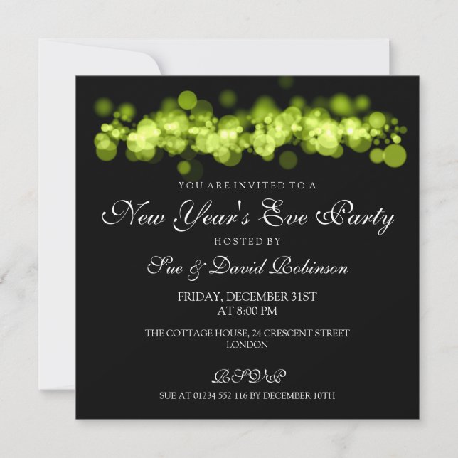 New Year's Eve Party Lime Bokeh Lights Invitation (Front)