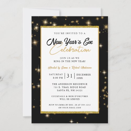 New Years Eve Party Modern Black and Gold Sparkle Invitation