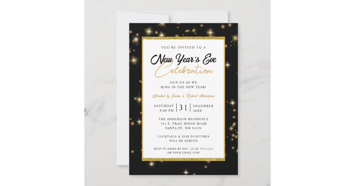 New Year's Eve Party Modern Black and Gold Sparkle Invitation | Zazzle