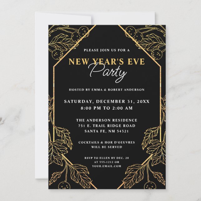 New Year's Eve Party Modern Gold and Black Holiday Invitation (Front)