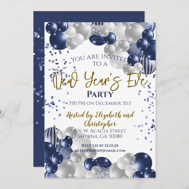 New Year's Eve Party Navy Balloons Invitation (Front/Back)