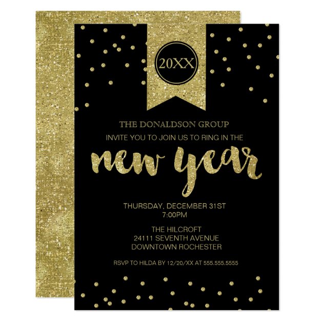 New Year's Eve Party, New Year, Gold Glitter Black Invitation