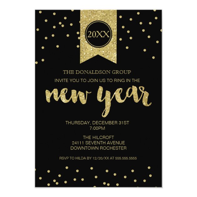 New Year's Eve Party, New Year, Gold Glitter Black Invitation