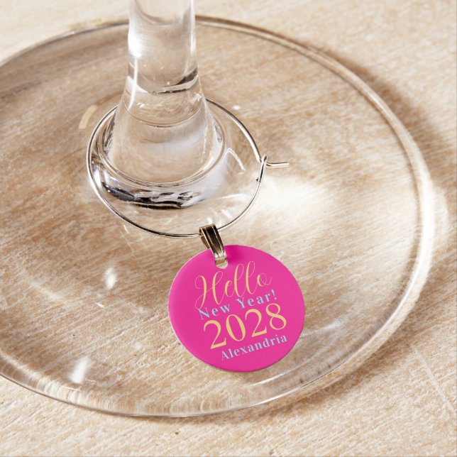 New Year's Eve Party Personalized Hot Pink Wine Charm (In Situ)