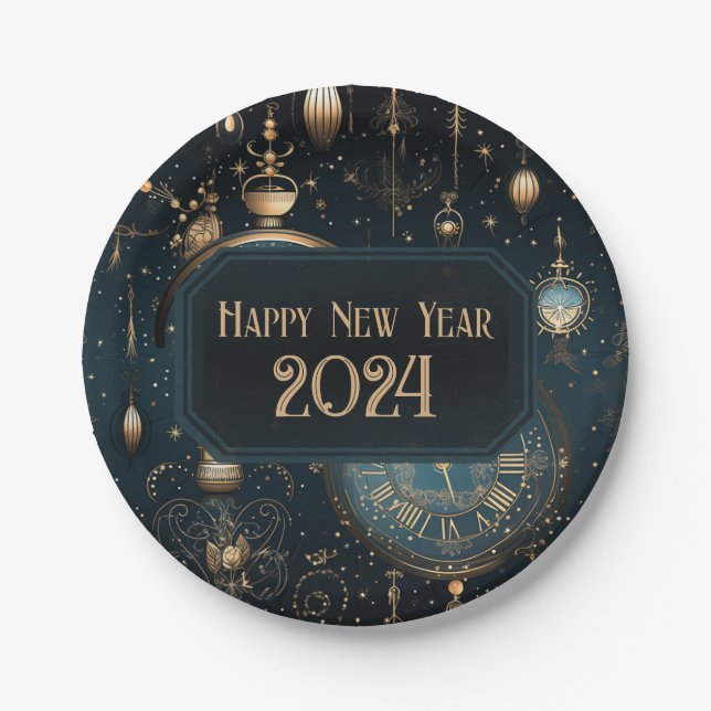 New Year's Eve Party Plates - Blue Clock Design  (Front)