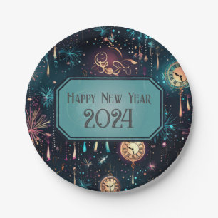 New Year's Eve Party Plates-Colorful Clock Design Paper Plates