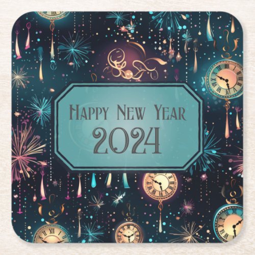 New Years Eve Party Plates_Colorful Clock Design Square Paper Coaster