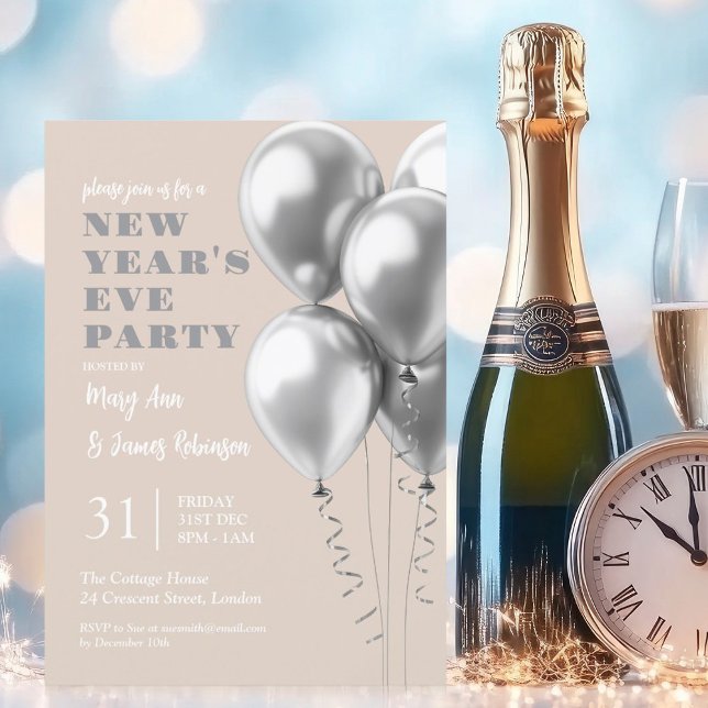 New Years Eve Party Silver Balloons Champagne  Invitation (New Years Eve Party Silver Balloons Champagne Invitation)