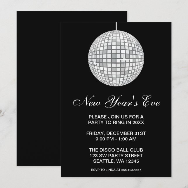 New Years Eve Party Silver Disco Ball Invitation (Front/Back)