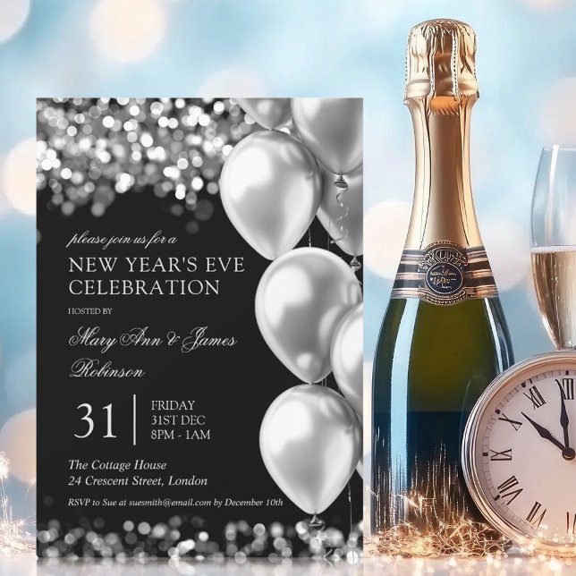 New Years Eve Party Silver Shimmer Lights Balloons Invitation (New Years Eve Party Silver Shimmer Lights Balloons Invitation)