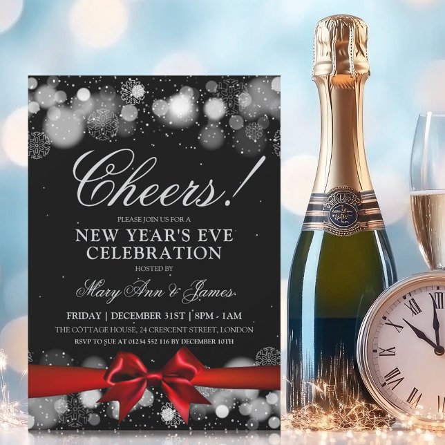 New Years Eve Party Silver Winter Wonder Red Bow Invitation (New Years Eve Party Silver Winter Wonder Red Bow Invitation)