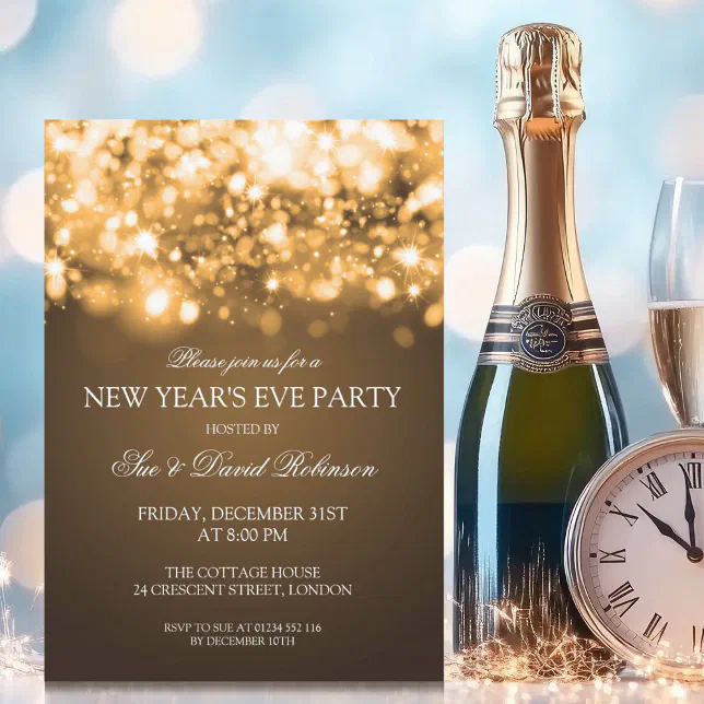 New Years Eve Party Sparkling Lights Gold Invitation | Zazzle