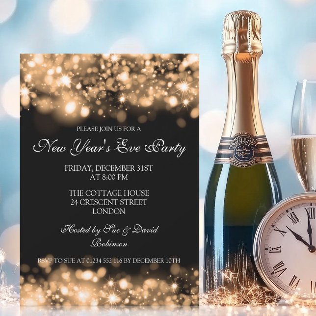 New Years Eve Party Sparkling Lights Gold Invitation (New Years Eve Party Sparkling Lights Gold Invitation)