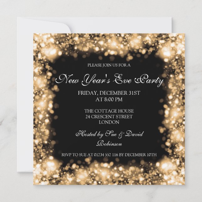 New Years Eve Party Sparkling Lights Gold Invitation (Front)