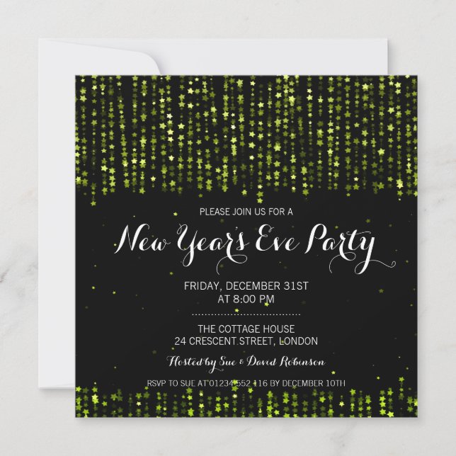 New Years Eve Party Star Confetti Green Invitation (Front)