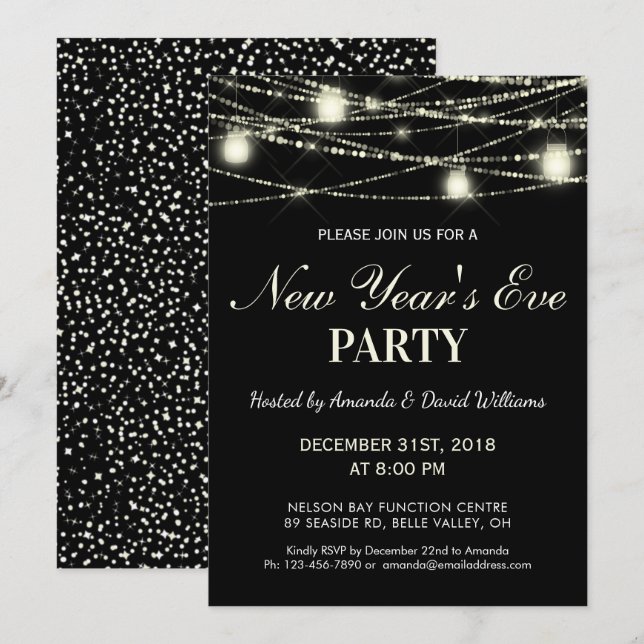 New Years Eve Party String Lights Jars Black Invitation (Front/Back)