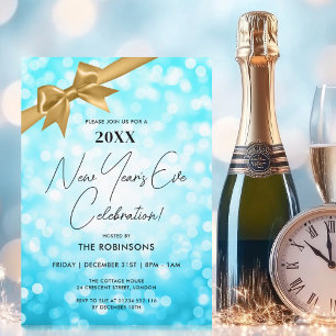 New Years Eve Party Turquoise Bokeh Gold Bow Invitation