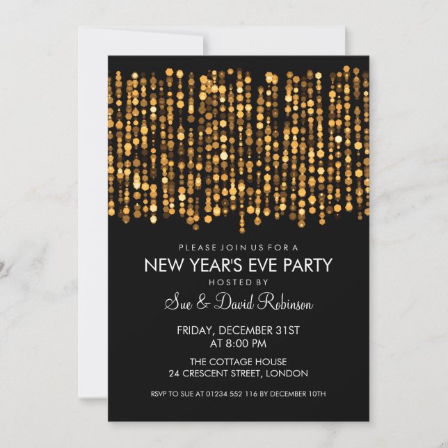 New Years Eve Party Twinkling Lights Gold Invitation (Front)