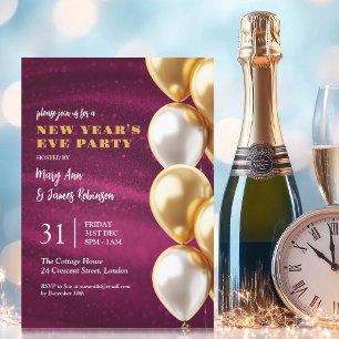 New Years Eve Pink Gold Shimmer Sequin Balloons Invitation