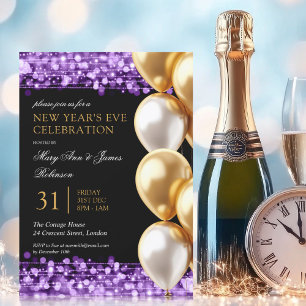 New Years Eve Purple Shimmering Lights Balloons Invitation