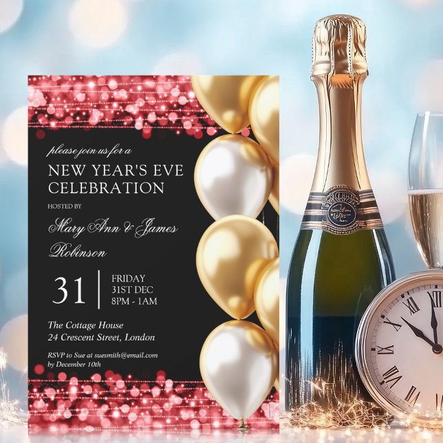 New Years Eve Red Shimmering Lights Gold Balloons Invitation (New Years Eve Red Shimmering Lights Gold Balloons Invitation)
