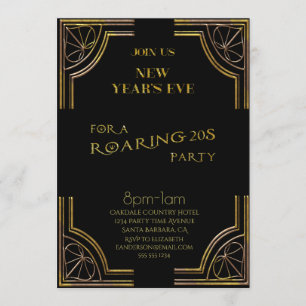 New Year's Eve Roaring 20s  Black Gold Glitter Invitation