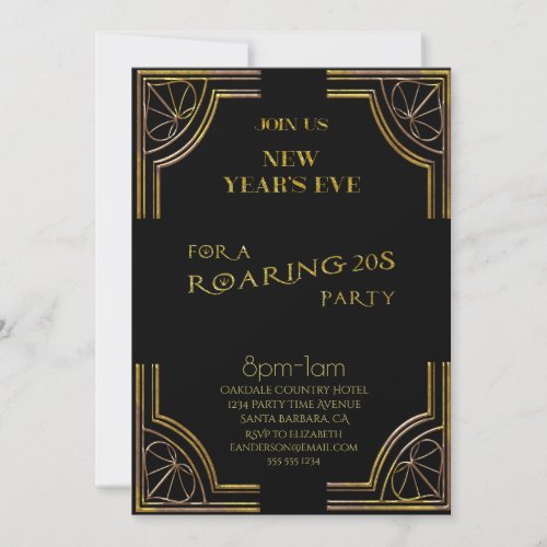 New Years Eve Roaring 20s  Black Gold Glitter Invitation