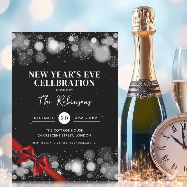 New Years Eve Silver Black Winter Wonder Red Bow Invitation (New Years Eve Silver Black Winter Wonder Red Bow Invitation)