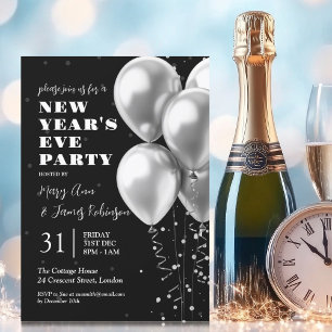 New Years Eve Silver Confetti Balloons Black Invitation
