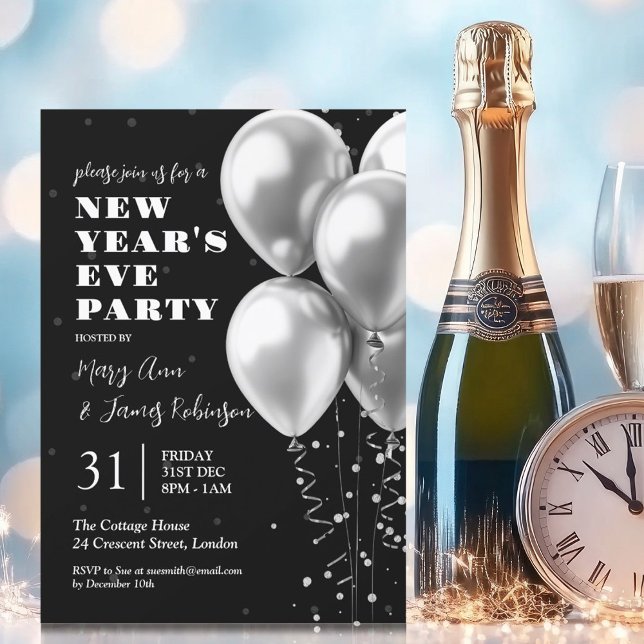 New Years Eve Silver Confetti Balloons Black Invitation (New Years Eve Silver Confetti Balloons Black Invitation)